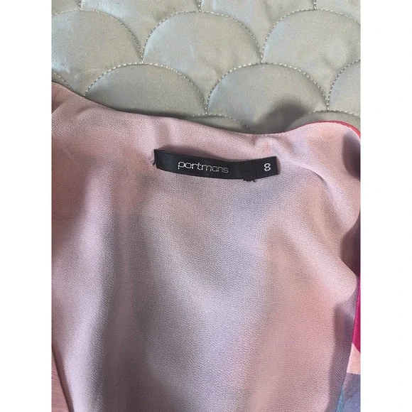 Portmans Blouse Womens 8 Navy Blue Pink Floral Wrap Waist Tie Balloon Sleeve - Picture 4 of 8